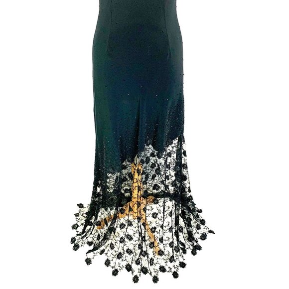 Sheer Illusion Lace Evening Gown Black Beaded Maxi 8 Formal Prom Black Tie - Picture 9 of 12